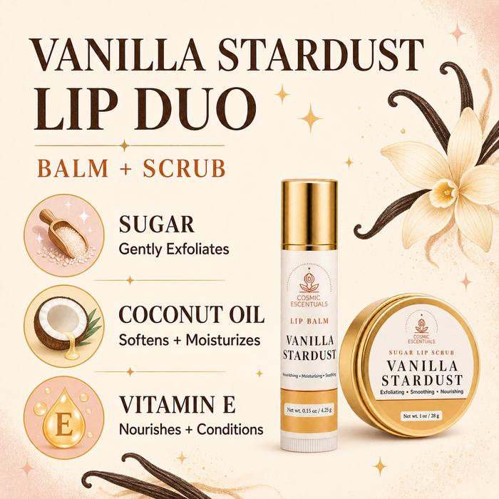 Vanilla Stardust Lip Duo by Cosmic Escentuals, featuring a lip balm tube and a lip scrub jar with gold lids, set against a warm cream background with vanilla bean illustrations and ingredient callouts.