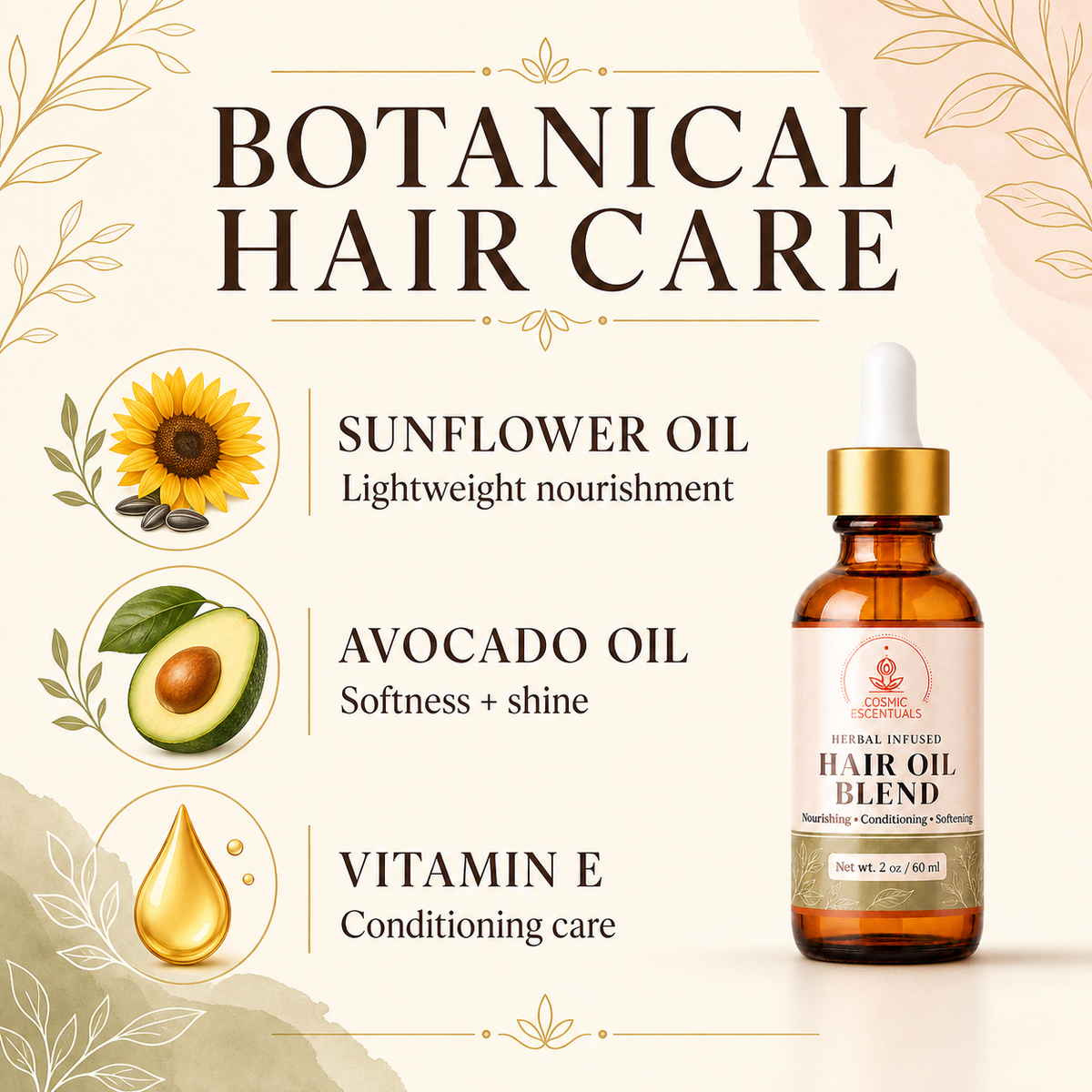 Botanical Hair Care promotional graphic featuring a small amber dropper bottle labeled Herbal Infused Hair Oil Blend on the right, with text and icons on the left reading Sunflower Oil, Avocado Oil, and Vitamin E on a cream background with decorative botanical illustrations.