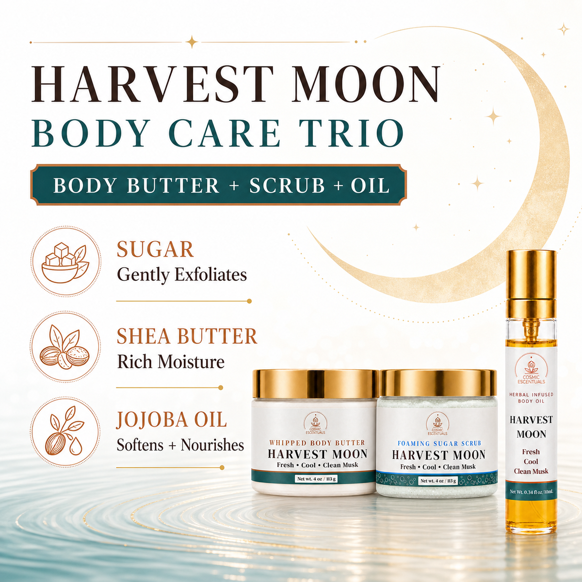 Harvest Moon Body Care Trio set featuring a whipped body butter jar, a framing sugar scrub jar, and a fresh cord oil spray bottle, displayed alongside descriptive text and icons detailing the ingredients: sugar, shea butter, and jojoba oil.