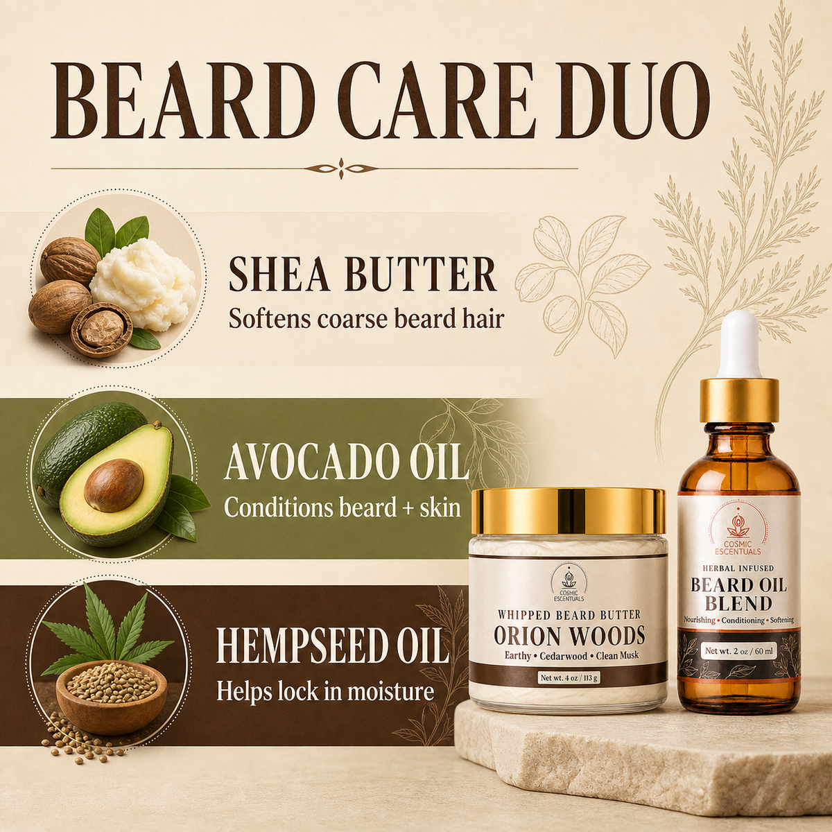 A promotional graphic for a beard care duo featuring a jar and bottle of beard oil on a stone pedestal. The products are labeled 'Whipped Beard Butter' and 'Beard Oil Blend' with natural ingredients like shea butter, avocado, and hempseed oil highlighted in circular insets with text callouts.