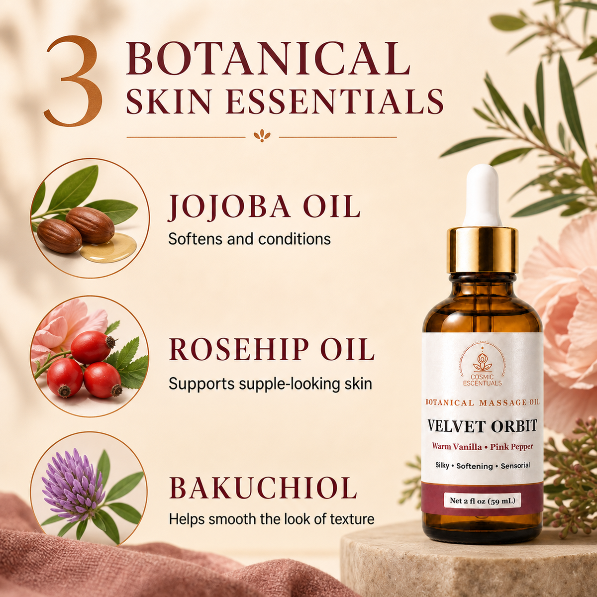 An amber glass dropper bottle labeled 'Velvet Orbit' botanical massage oil stands on a stone pedestal against a warm beige background with botanical illustrations and text highlighting jojoba, rosehip, and bakuchiol ingredients.