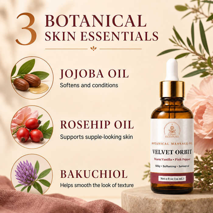 An amber glass dropper bottle labeled 'Velvet Orbit' botanical massage oil stands on a stone pedestal against a warm beige background with botanical illustrations and text highlighting jojoba, rosehip, and bakuchiol ingredients.