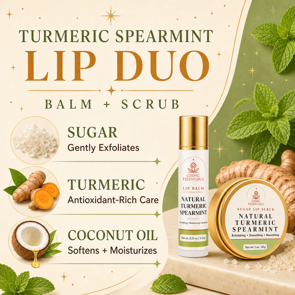 A cosmetic product advertisement for the 'Turmeric Spearmint Lip Duo' by Cosmetic Escentuals, showing a lip balm tube and a jar of natural turmeric spearmint lip scrub. The ad features ingredient callouts for sugar, turmeric, and coconut oil, along with illustrations of mint leaves, ginger root, and a coconut, set against a split cream and green background.