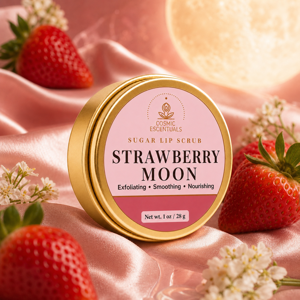 Strawberry Moon Sugar Lip Scrub in its gold tin on pink silk, styled with fresh strawberries and white blossom.