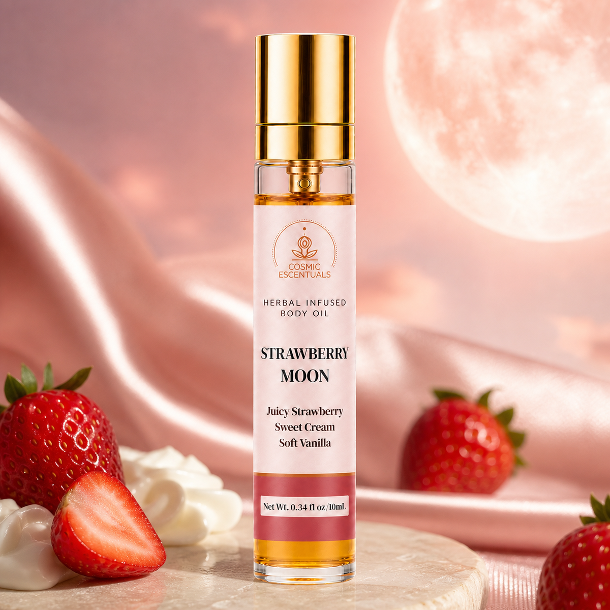 Strawberry Moon Herbal Body Oil Spray on a stone ledge with fresh strawberries, a swirl of cream and pink silk, a full moon behind.