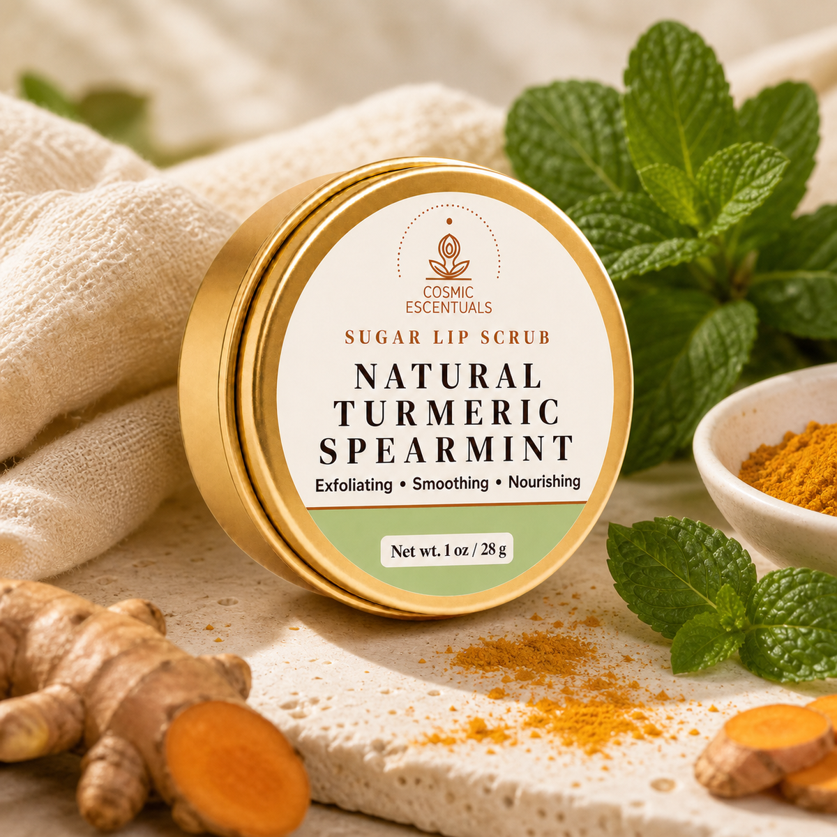 A round gold tin of Cosmic Escentuals Natural Turmeric Spearmint Sugar Lip Scrub, styled on a textured beige stone surface with fresh turmeric roots, mint leaves, and a small bowl of orange powder.