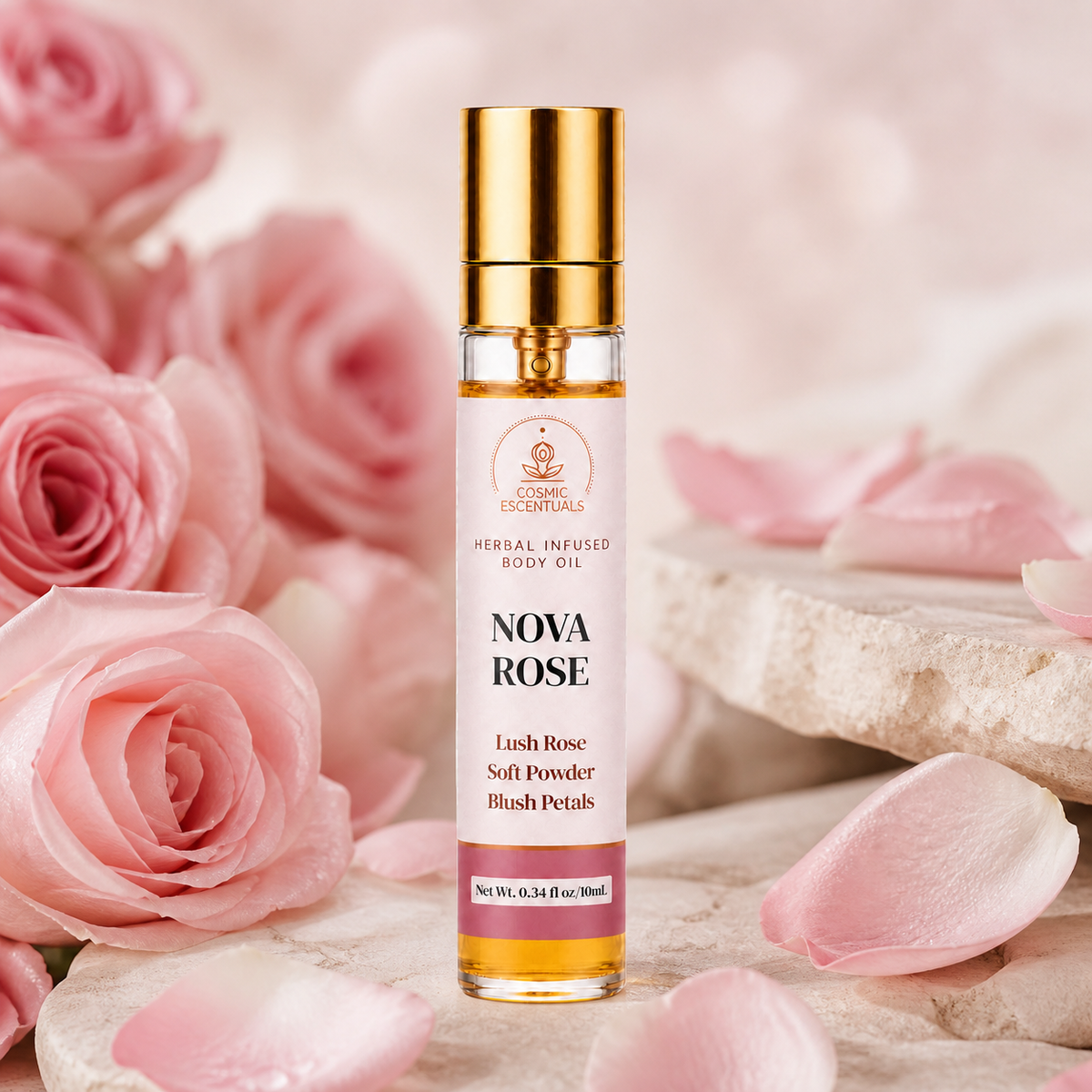 Nova Rose Herbal Body Oil Spray on a pale stone ledge, surrounded by pink roses and scattered petals.