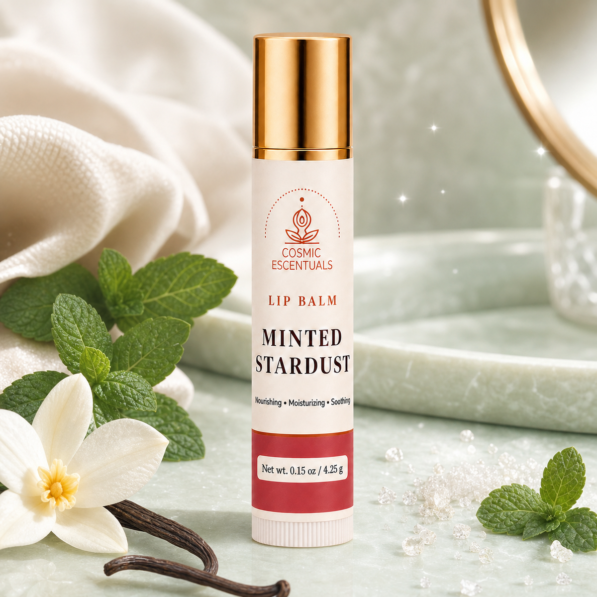 Minted Stardust Lip Balm standing on a pale green marble dish, styled with fresh mint, a vanilla flower and vanilla pods.