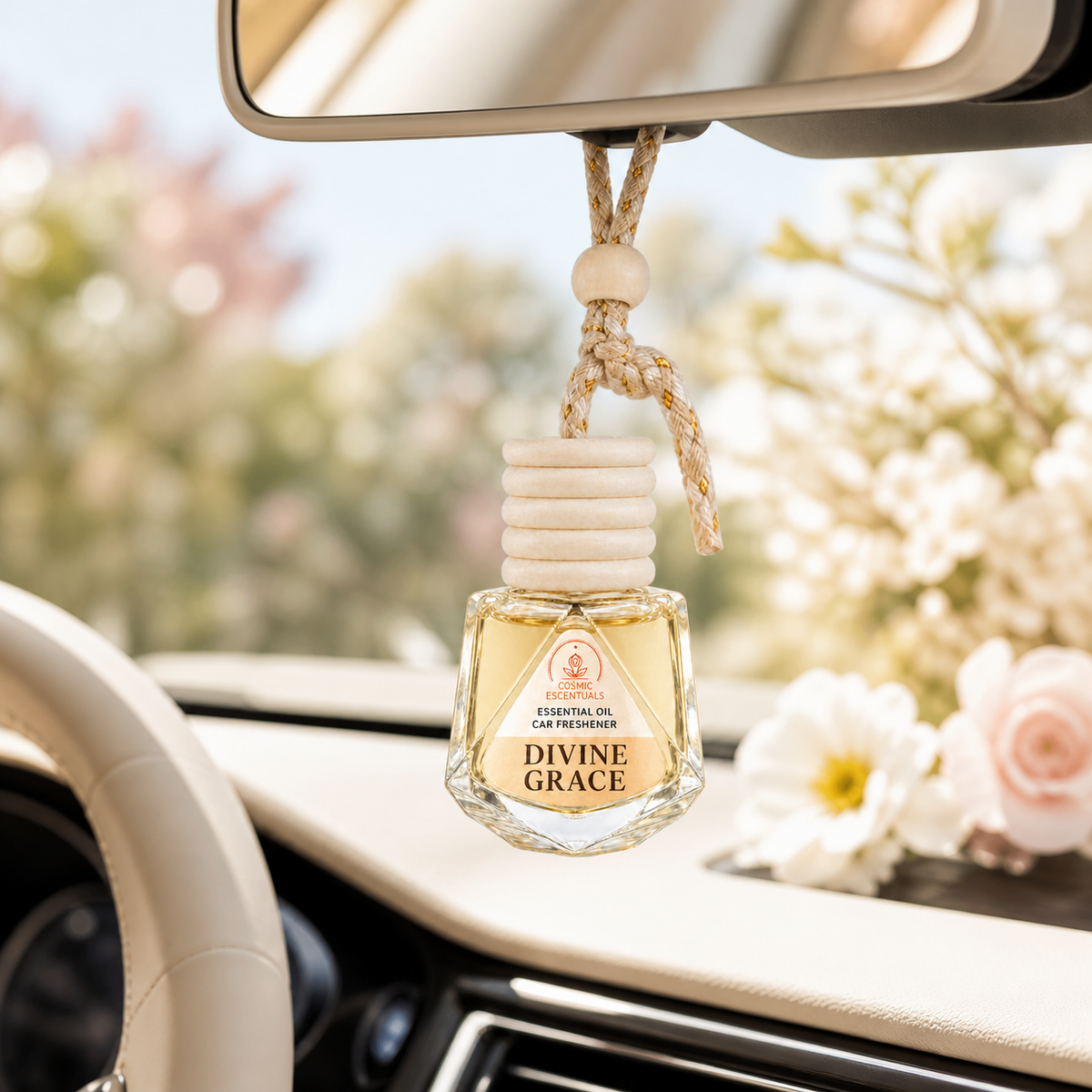 Divine Grace Essential Oil Car Freshener, a faceted glass bottle of pale gold oil, hanging from a rearview mirror with blossoms blurred beyond the windshield and flowers on the dashboard.