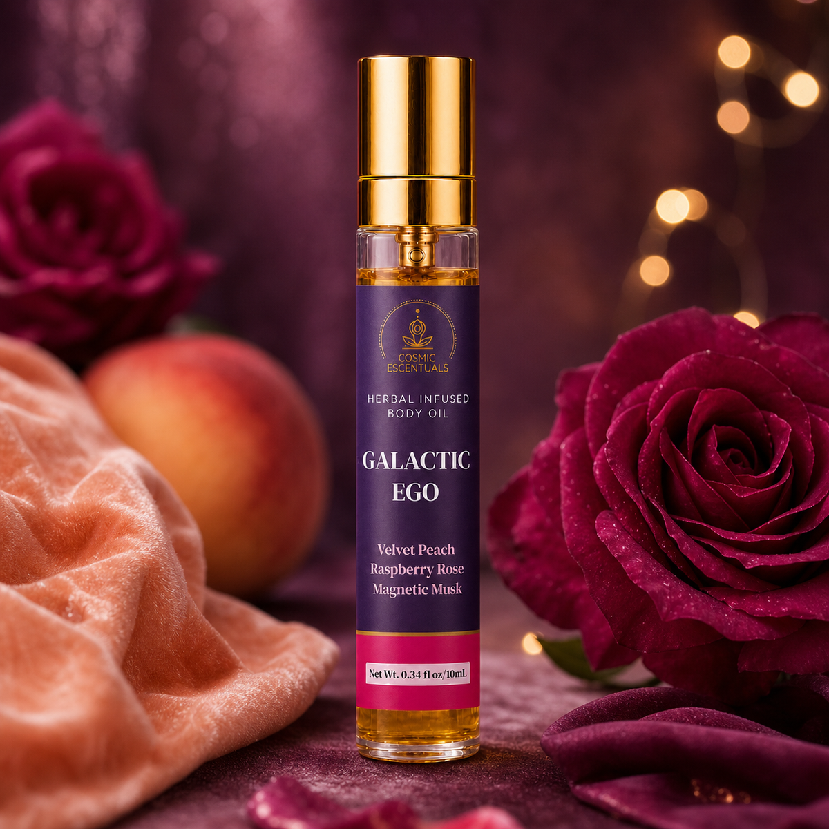 Galactic Ego Herbal Body Oil Spray, a deep purple bottle of golden oil, on plum velvet with a peach, crimson roses and warm bokeh light behind.