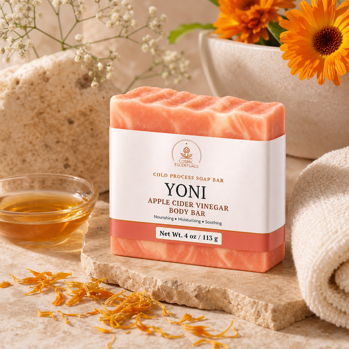 Yoni ACV Body Bar, swirled coral and cream, on a travertine slab with calendula petals, a dish of golden oil, marigolds and a rolled towel.