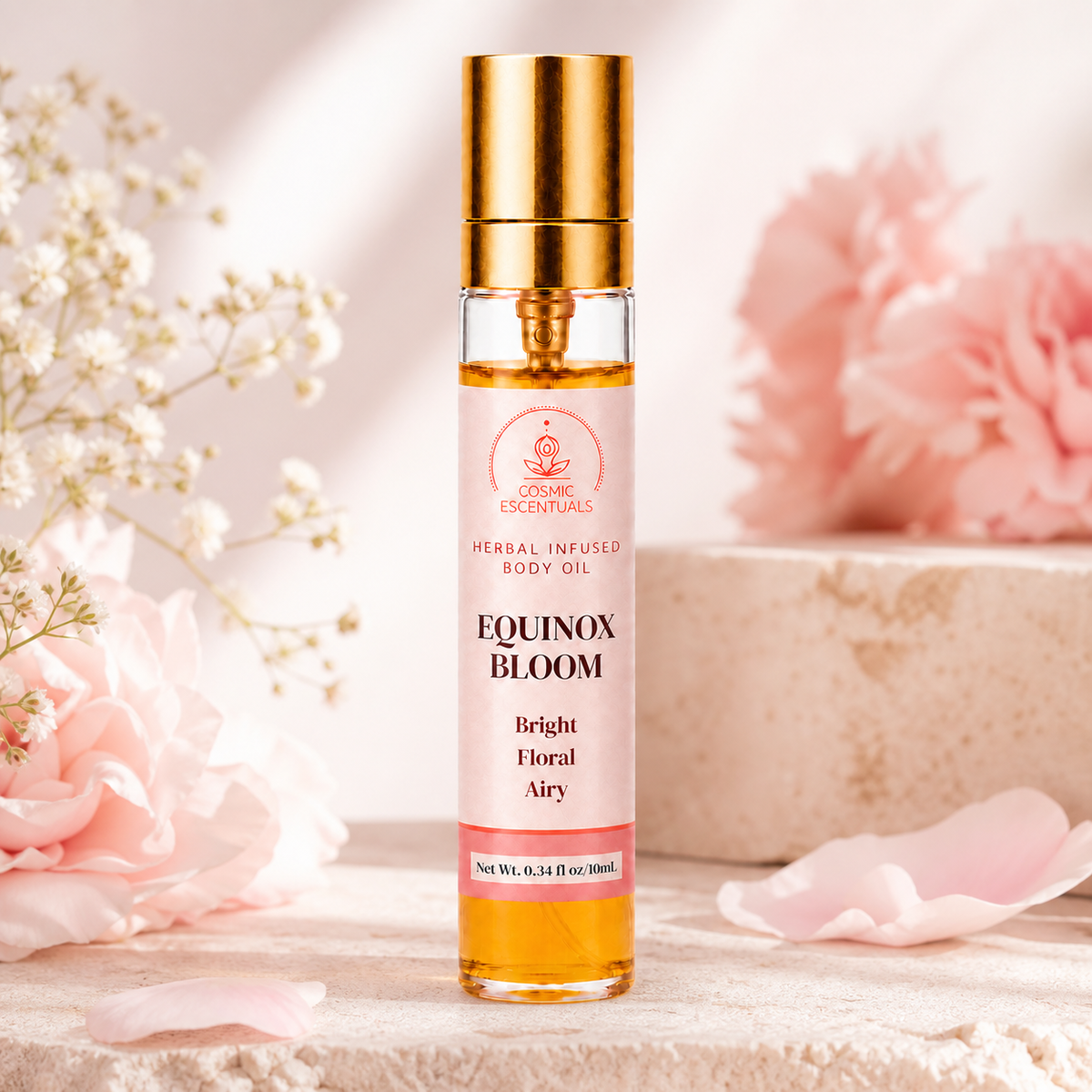 Equinox Bloom Herbal Body Oil Spray on a stone block, styled with pink carnations, roses and baby's breath.