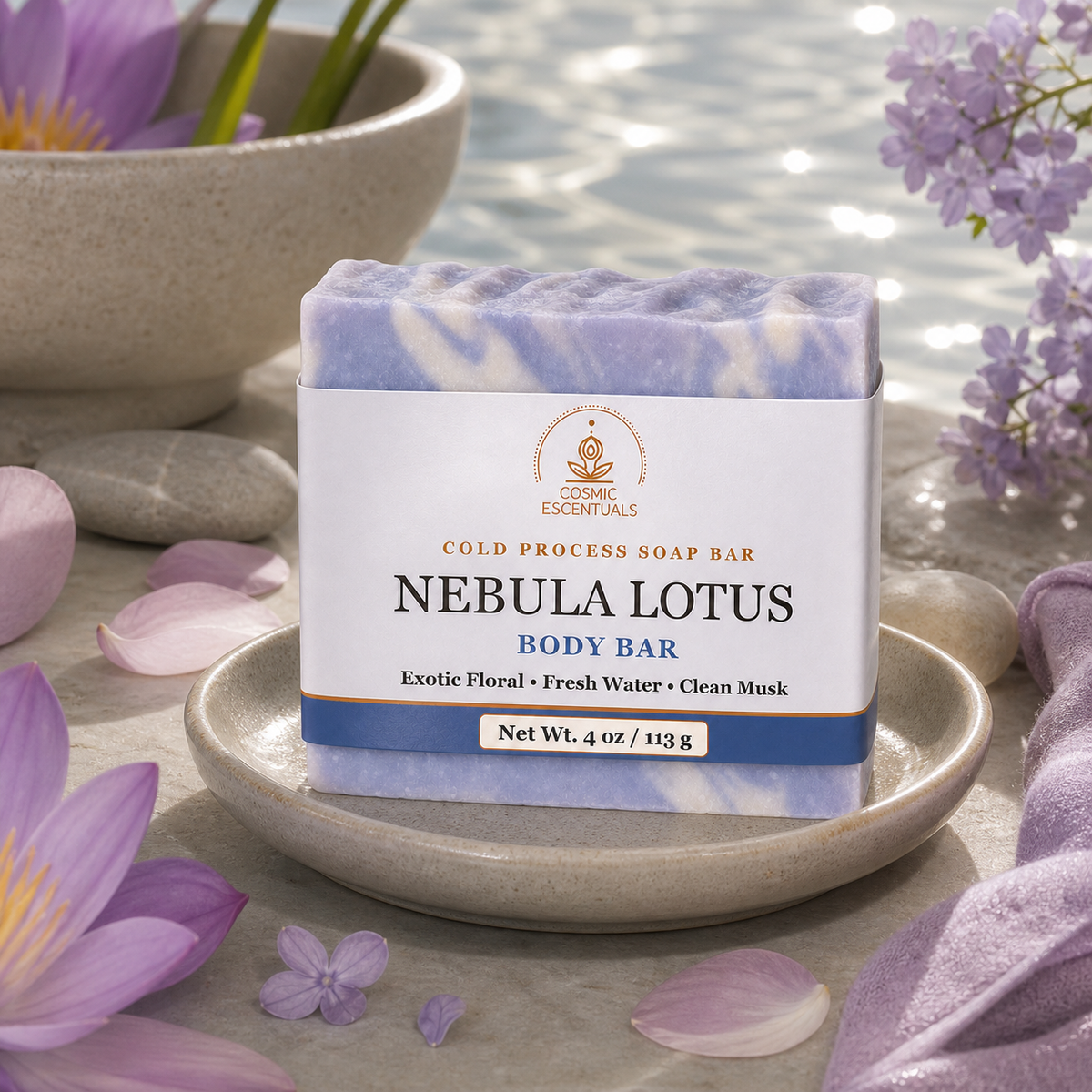 Nebula Lotus Body Bar, swirled lavender and white, on a stone dish with purple blossoms and petals, water shimmering behind.