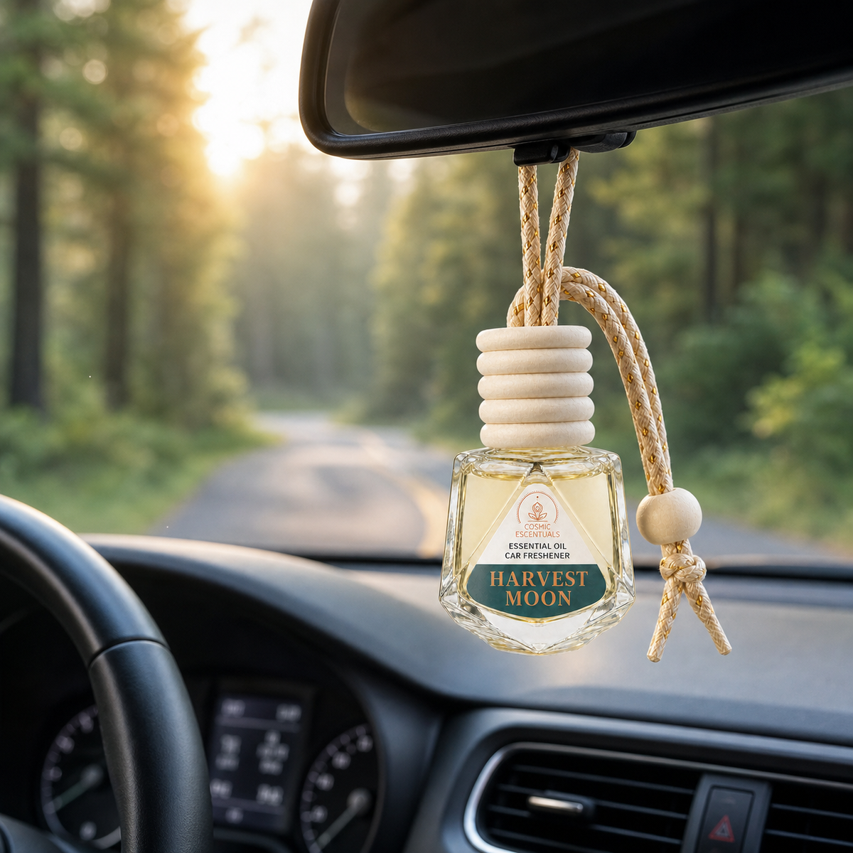 Harvest Moon Essential Oil Car Freshener hanging from a rearview mirror, with a sunlit forest road through the windshield.