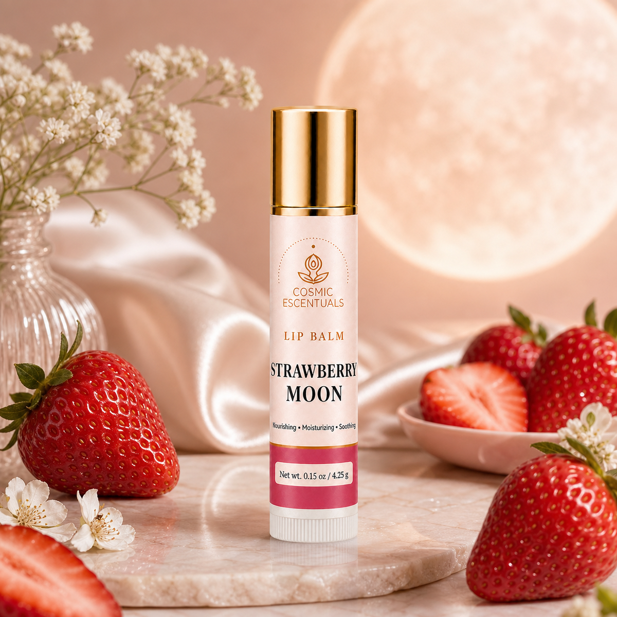 A tube of Strawberry Moon lip balm by Cosmic Escentuals stands on a marble surface surrounded by fresh strawberries, sliced strawberries, white flowers, satin fabric, and a soft warm-toned decorative background.