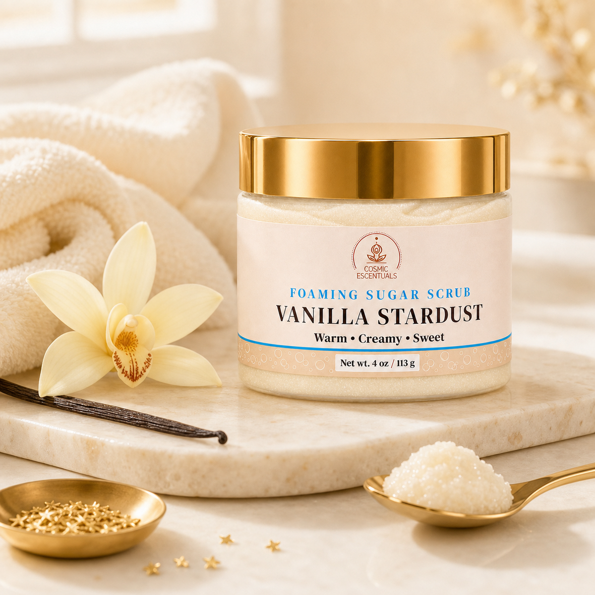 A jar of Vanilla Stardust Foaming Sugar Scrub by Cosmic Escentuals, styled on a marble slab with a vanilla bean, a flower, and gold-toned accessories.