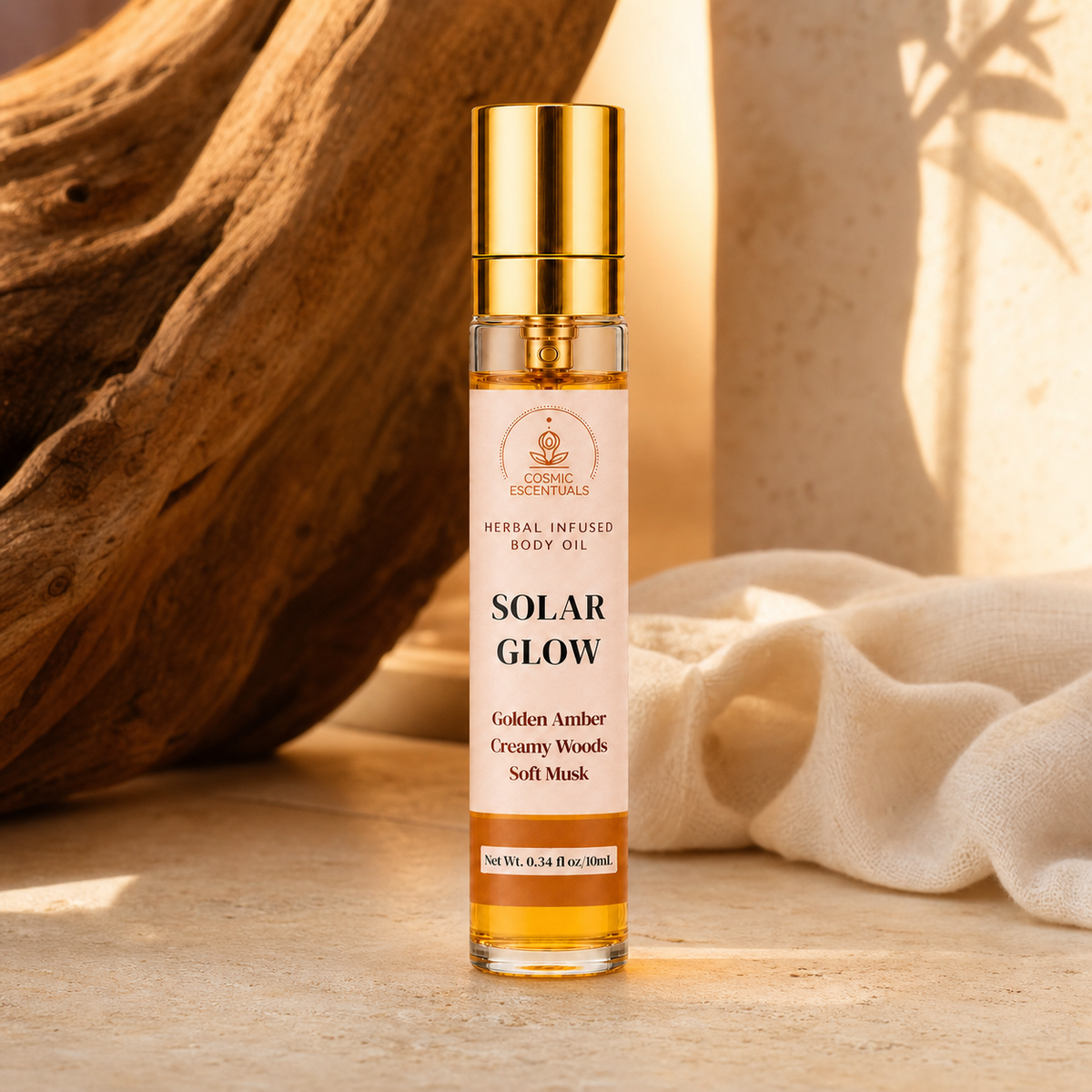 Solar Glow Herbal Body Oil Spray on a warm stone ledge with driftwood and cream gauze in golden afternoon light.
