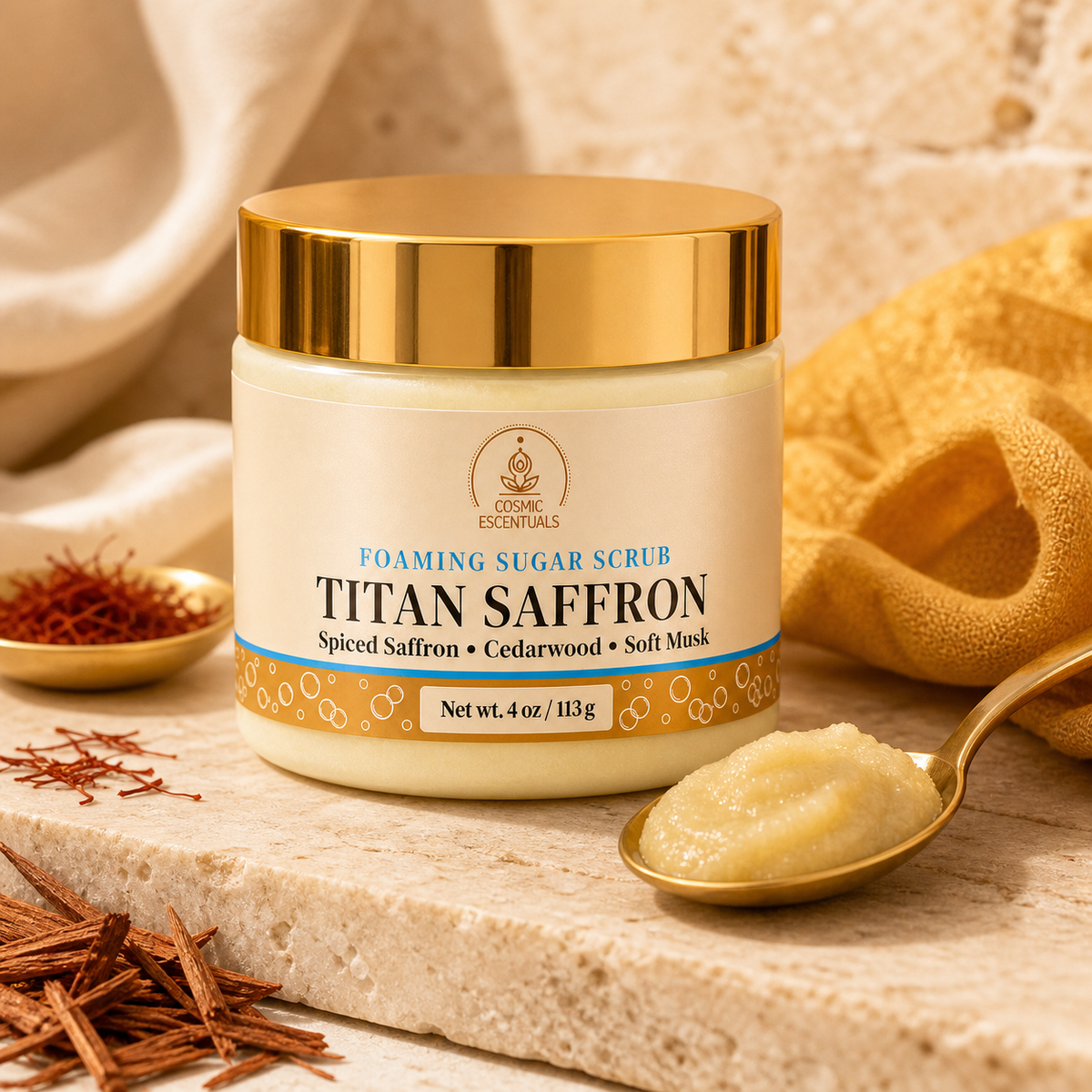 A jar of Eosine Essentials Titan Saffron Foaming Sugar Scrub sits on a stone slab with a spoonful of the pale yellow scrub, saffron threads, and a yellow cloth in the background.