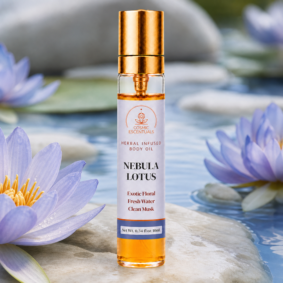 Nebula Lotus Herbal Body Oil Spray on a rock at the edge of still water, surrounded by purple water lilies.