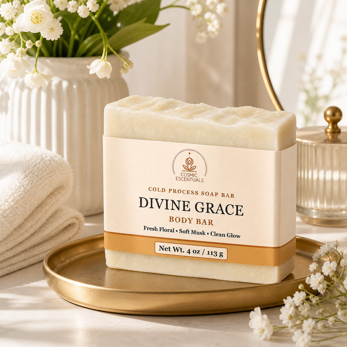 A bar of Divine Grace body soap by Cosmic Escentuals sits on a gold tray, styled with a white towel, a vase of flowers, and a glass jar in a bright, soft setting.