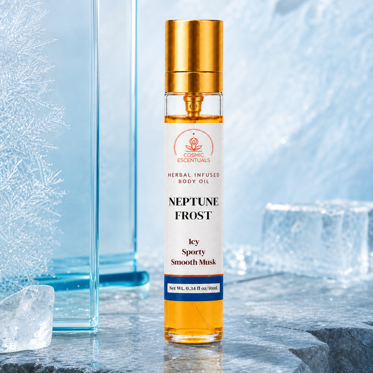 Neptune Frost Herbal Body Oil Spray on a stone slab with ice cubes and blue glass panels behind it.