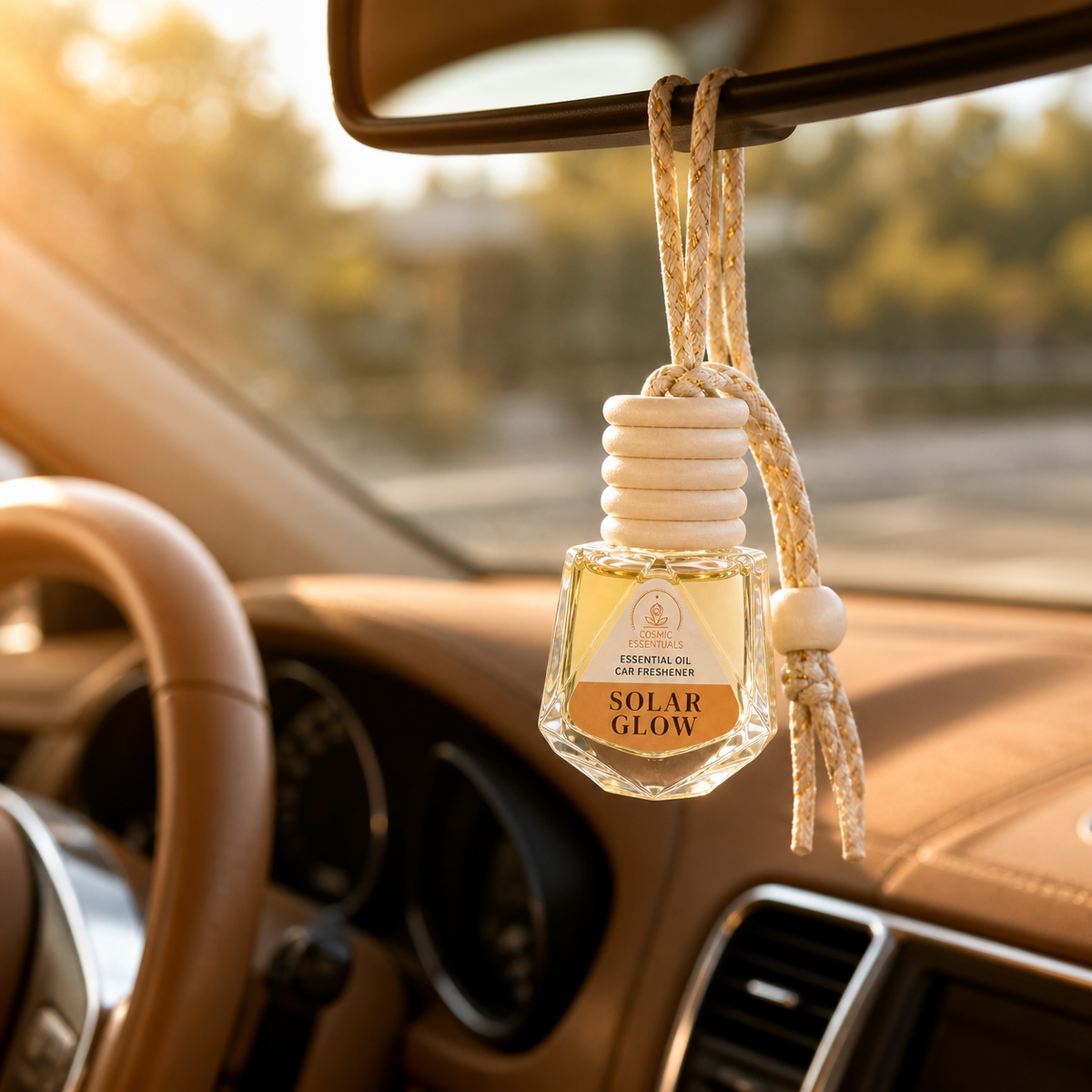 A car air freshener bottle labeled 'SOLAR GLOW' hanging from a rearview mirror inside a tan vehicle. The clear bottle contains a pale yellow liquid and has a cream-colored wooden diffuser top with braided cords.