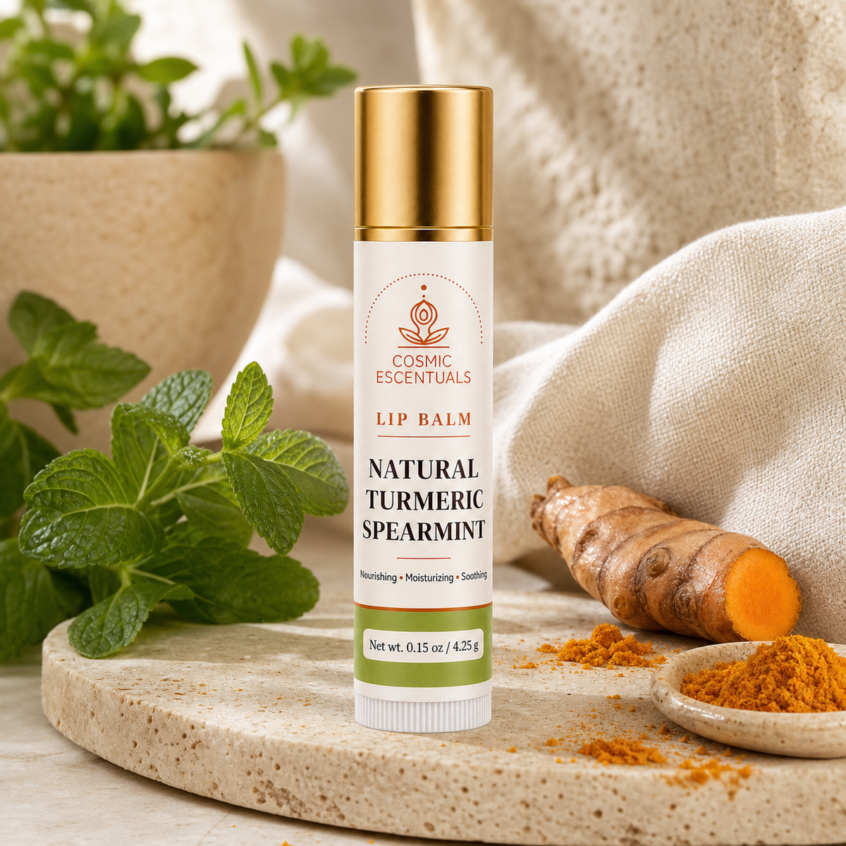 Natural Turmeric Spearmint Lip Balm on a round stone riser, styled with fresh mint, turmeric root and a small spoon of ground turmeric.