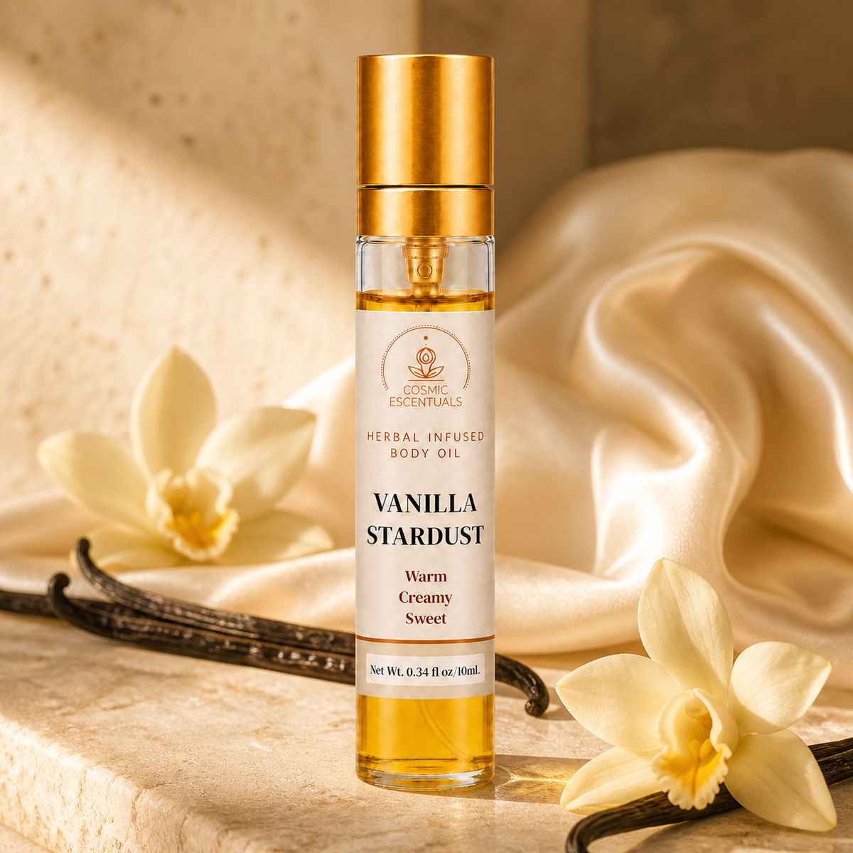 Vanilla Stardust Herbal Body Oil Spray on a travertine ledge, styled with vanilla orchids, vanilla pods and champagne silk.