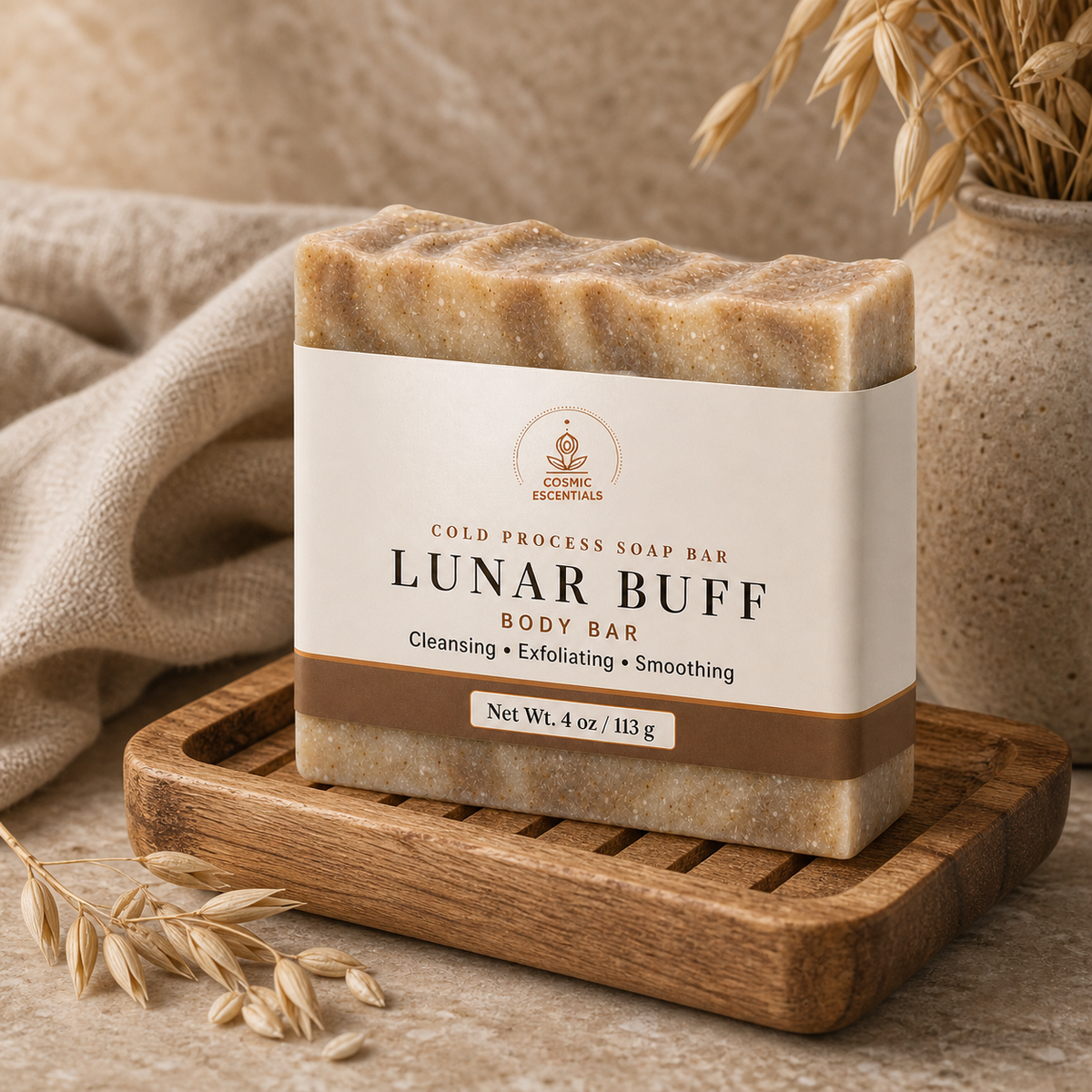 Lunar Buff Exfoliating Body Bar, flecked with oatmeal, on a wooden soap dish with a cream knit throw, dried oat stems and a stoneware vase.