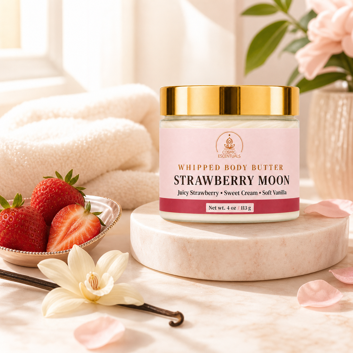 A jar of Cosmic Escentuals Whipped Body Butter in the Strawberry Moon scent, styled on a marble pedestal with fresh strawberries, a vanilla bean, and soft pink petals.