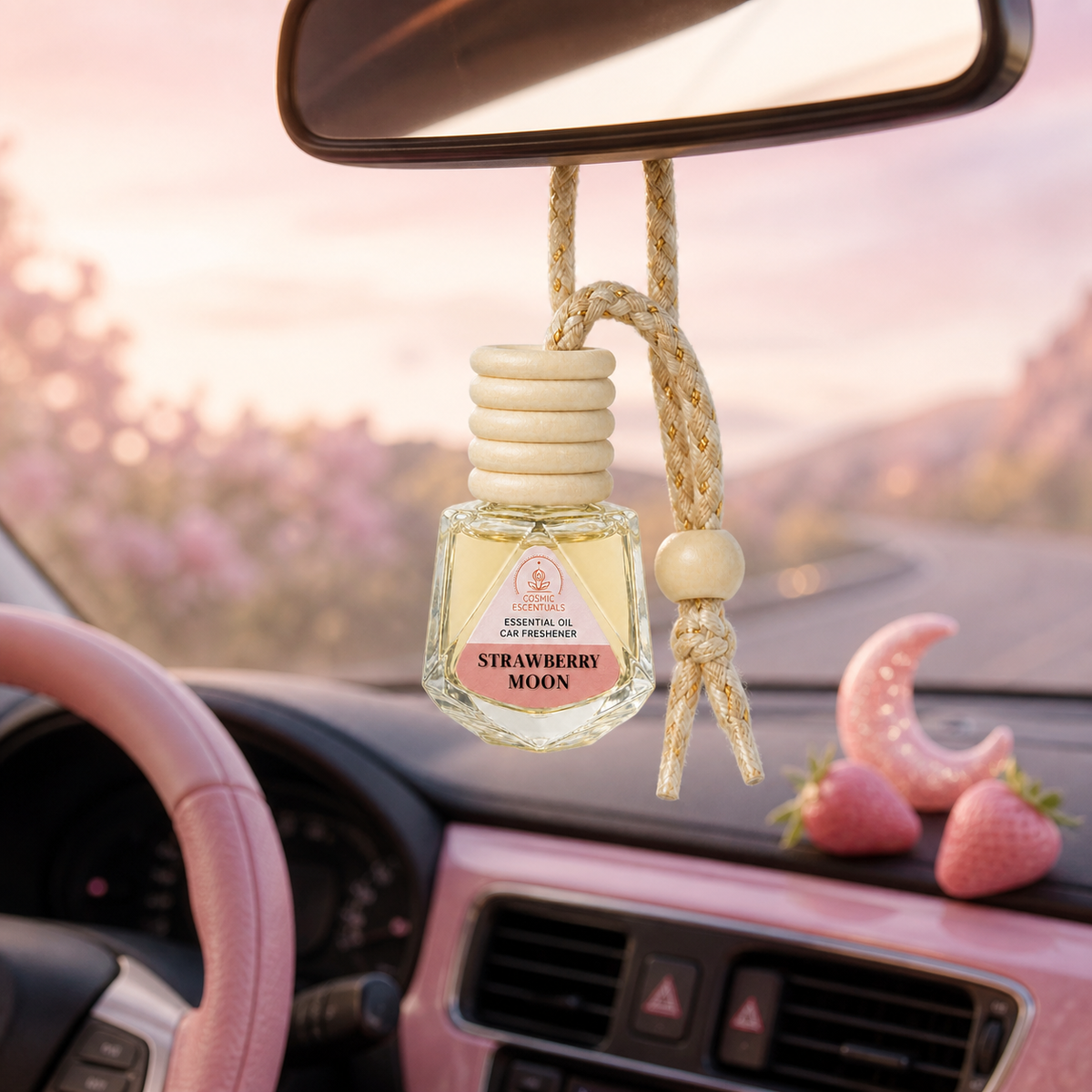 Strawberry Moon Essential Oil Car Freshener hanging from a rearview mirror above a pink dashboard, with a blossom and moonlit sky ahead.
