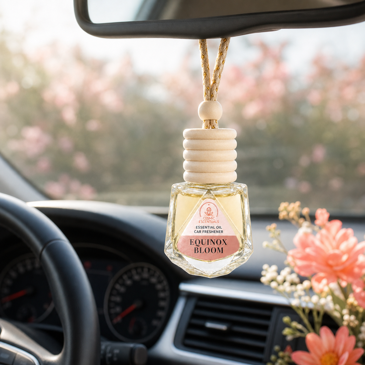 A car air freshener bottle labeled 'Equinox Bloom' hanging from a rearview mirror inside a car, with blurred pink blossoms outside and flowers on the dashboard.
