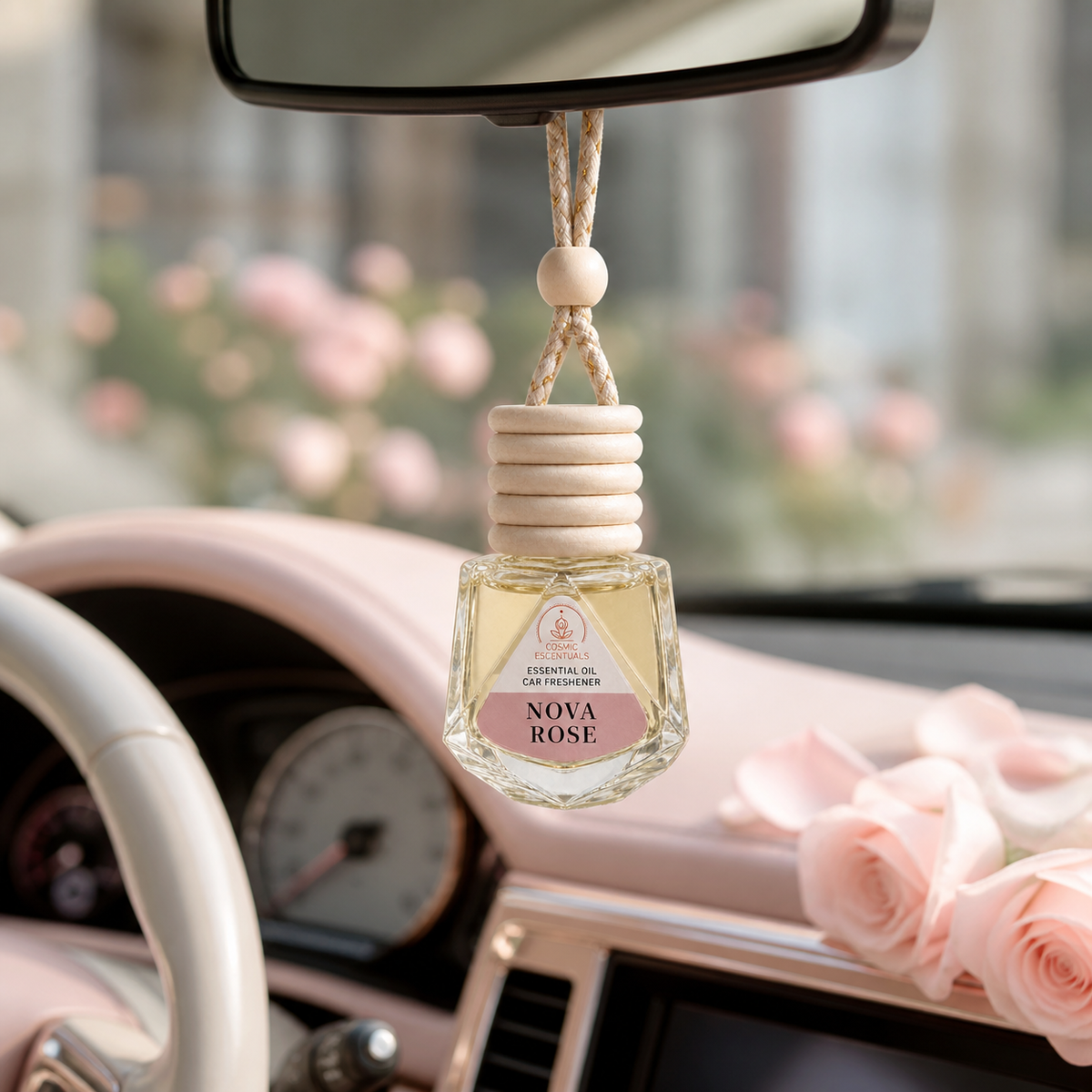 Nova Rose Essential Oil Car Freshener hanging from a rearview mirror in a pale pink car interior, with roses on the dashboard.