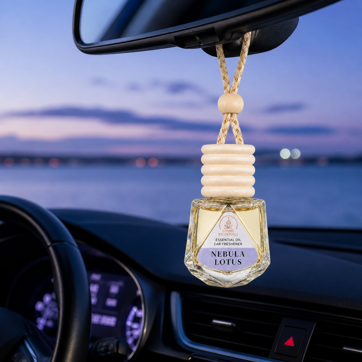A car air freshener bottle labeled 'Nebula Lotus' by Euphoric, hanging from the rearview mirror inside a car with a lake or ocean view at dusk in the background.