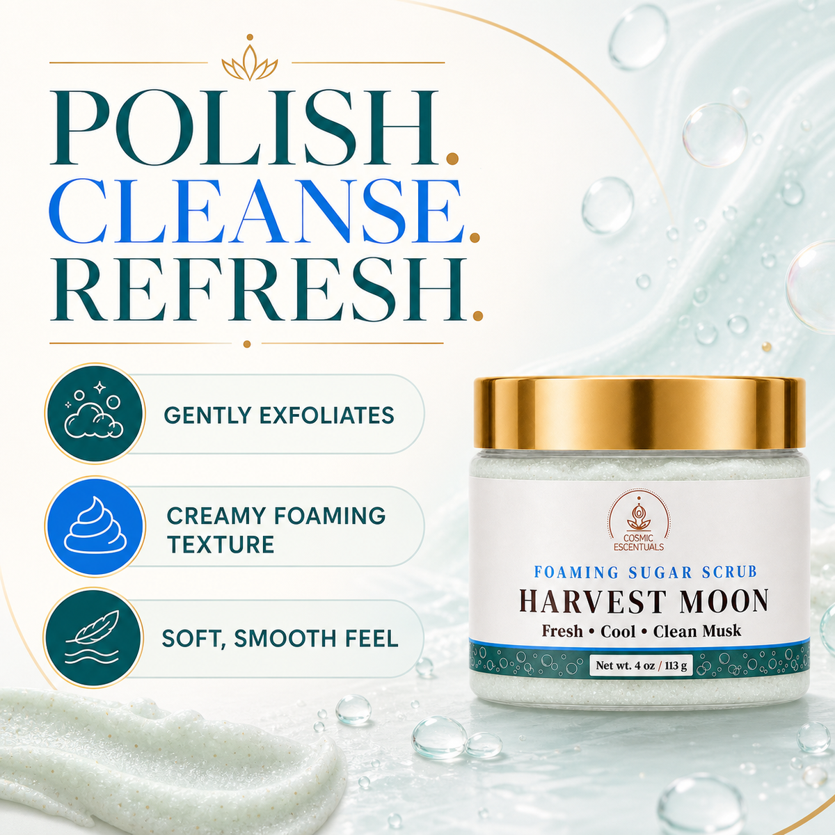 A jar of Herbal Essence Harvest Moon Foaming Sugar Scrub on a clean, light background with promotional text and feature icons. The product is a white jar with a shiny gold lid and a white label with teal and gold accents.