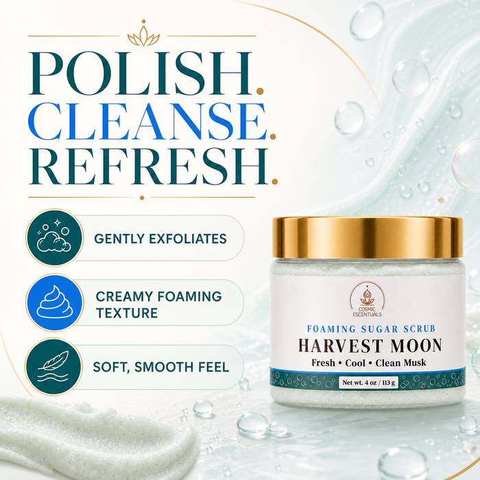 A jar of Herbal Essence Harvest Moon Foaming Sugar Scrub on a clean, light background with promotional text and feature icons. The product is a white jar with a shiny gold lid and a white label with teal and gold accents.