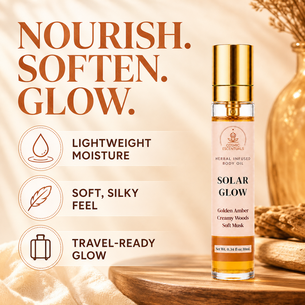 Benefits graphic for Solar Glow Herbal Body Oil Spray on a warm sunlit background with driftwood, reading Nourish. Soften. Glow, beside three points: lightweight moisture, soft silky feel, travel-ready glow.