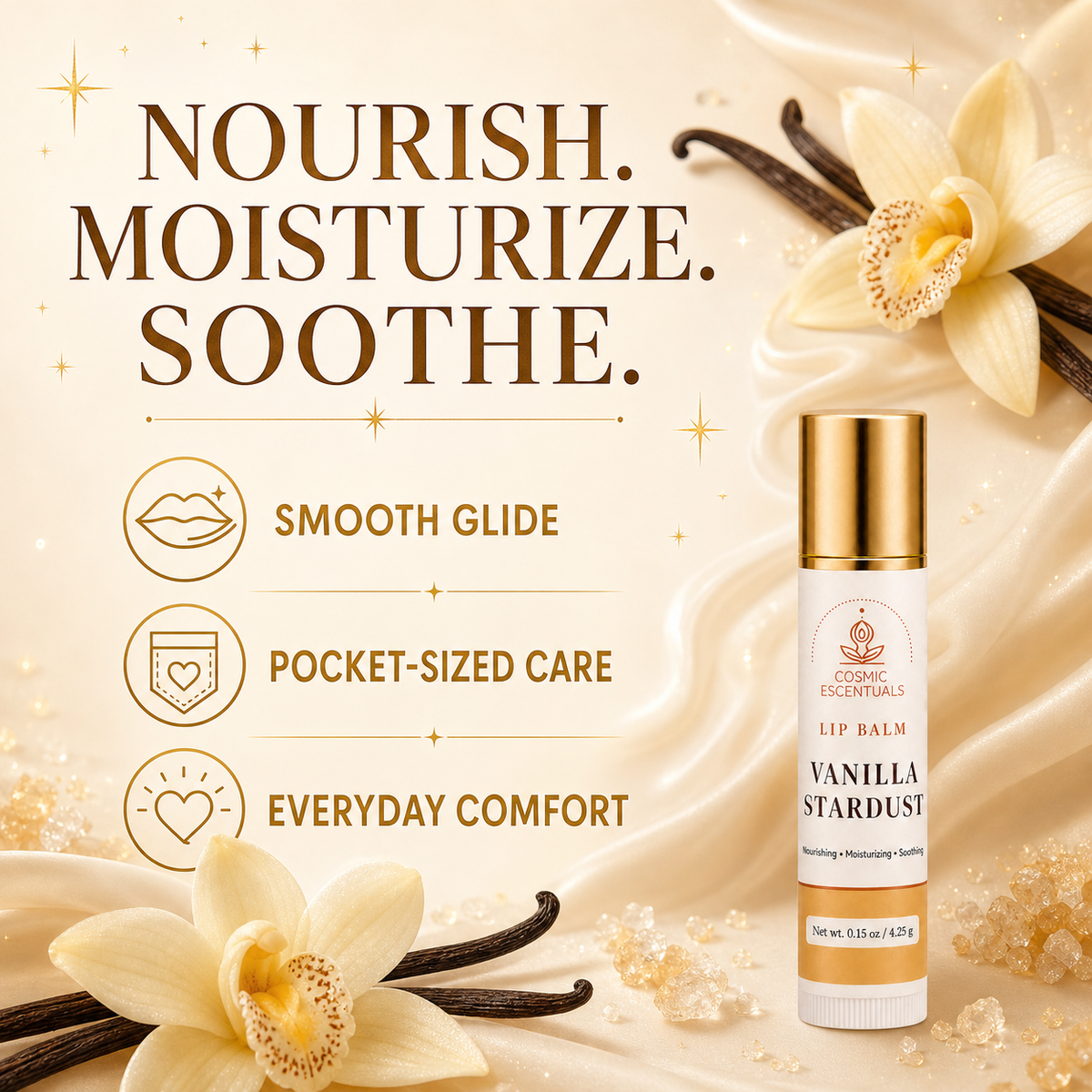 A bottle of Cinniverse Essentials Lip Balm in Vanilla Stardust scent, displayed on a luxurious cream-colored background with vanilla flowers and text highlighting its smooth glide, pocket-sized care, and everyday comfort benefits.