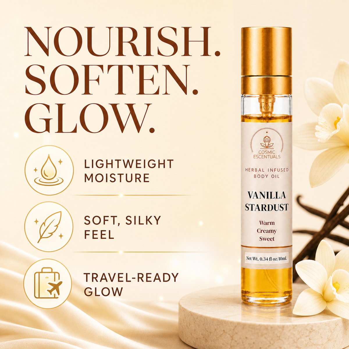 Benefits graphic for Vanilla Stardust Herbal Body Oil Spray with vanilla orchids and pods, reading Nourish. Soften. Glow, beside three points: lightweight moisture, soft silky feel, travel-ready glow.
