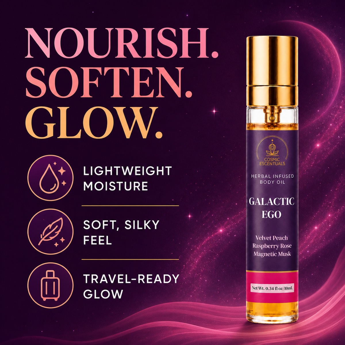 Benefits graphic for Galactic Ego Herbal Body Oil Spray on a plum and pink background, reading Nourish. Soften. Glow, beside three points: lightweight moisture, soft silky feel, travel-ready glow.