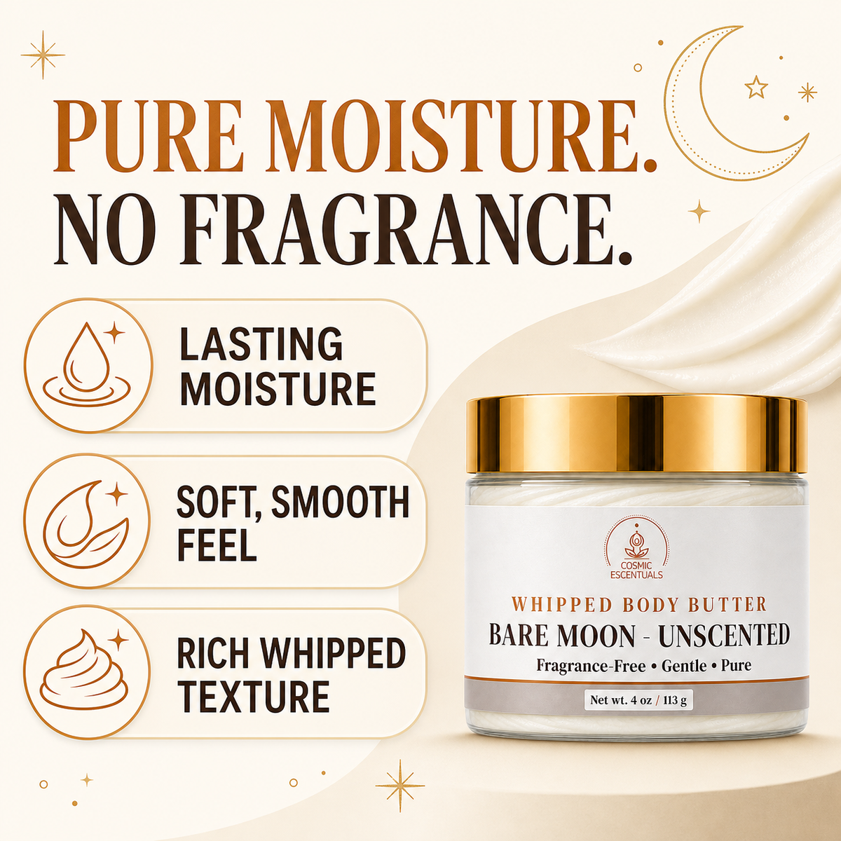 A jar of Corp Essentials Whipped Body Butter labeled Bare Moon - Unscented, shown on a cream background with promotional text reading 'Pure Moisture. No Fragrance.