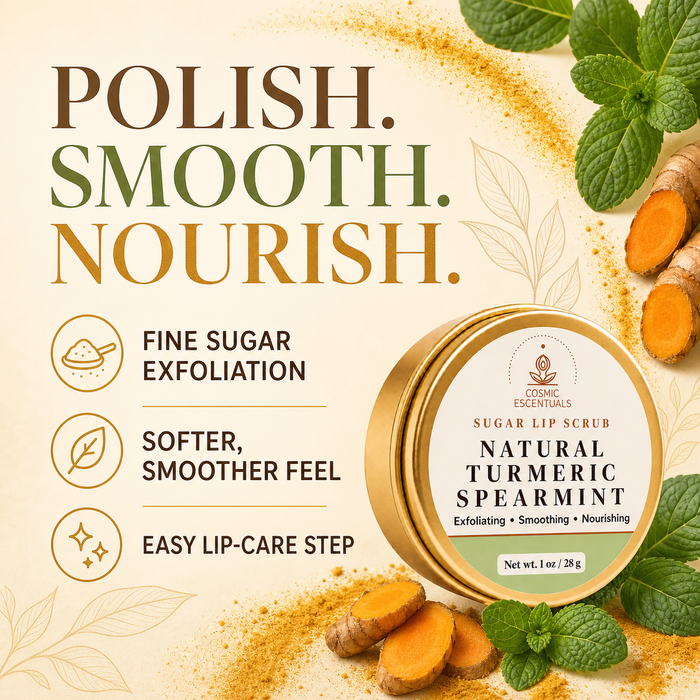 Benefits graphic for the Natural Turmeric Spearmint Sugar Lip Scrub reading Polish. Smooth. Nourish, with the gold tin beside three points: fine sugar exfoliation, softer smoother feel, easy lip-care step.