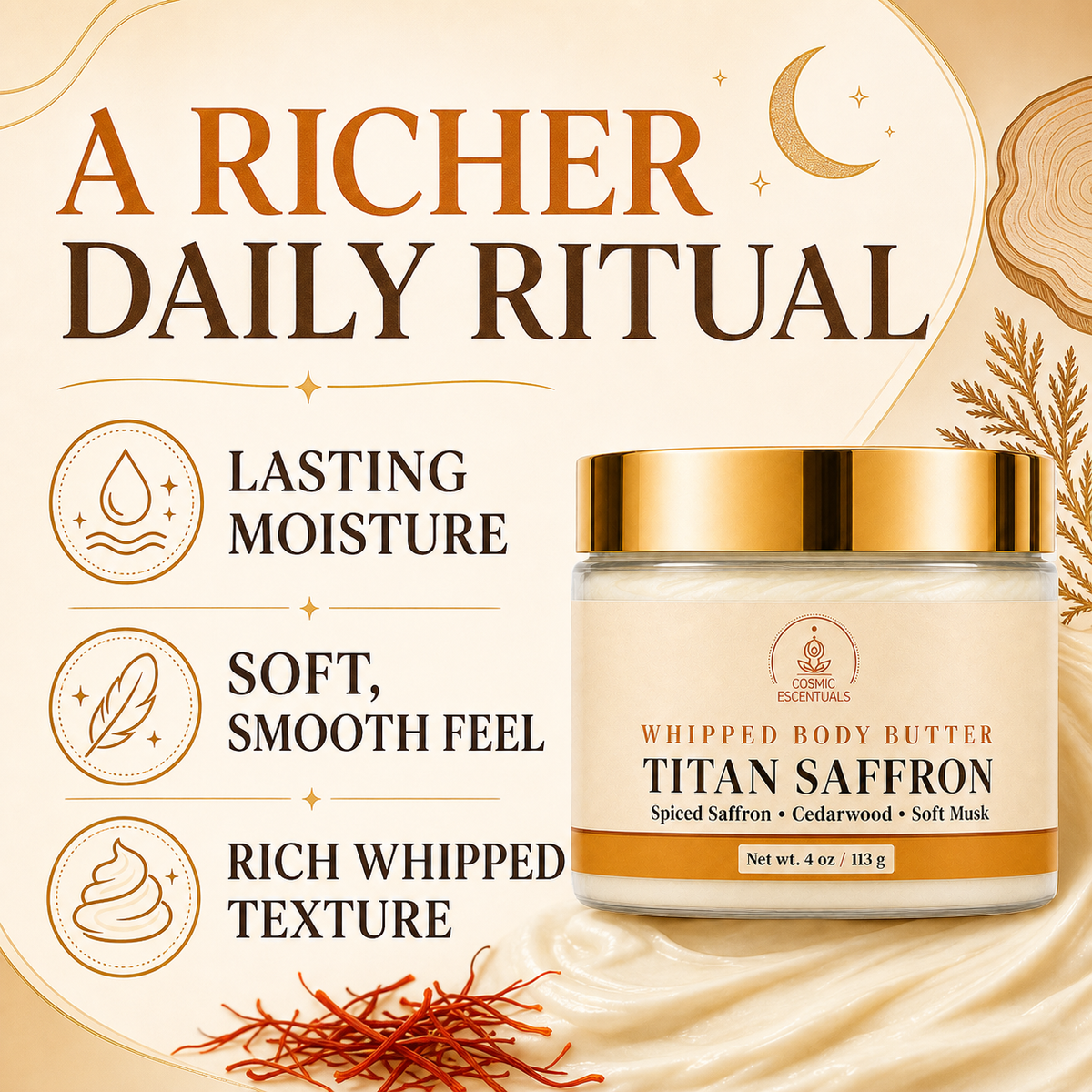 A jar of Somnium Essentials Titan Saffron whipped body butter shown on a warm beige promotional background with text highlighting lasting moisture, soft smooth feel, and rich whipped texture.
