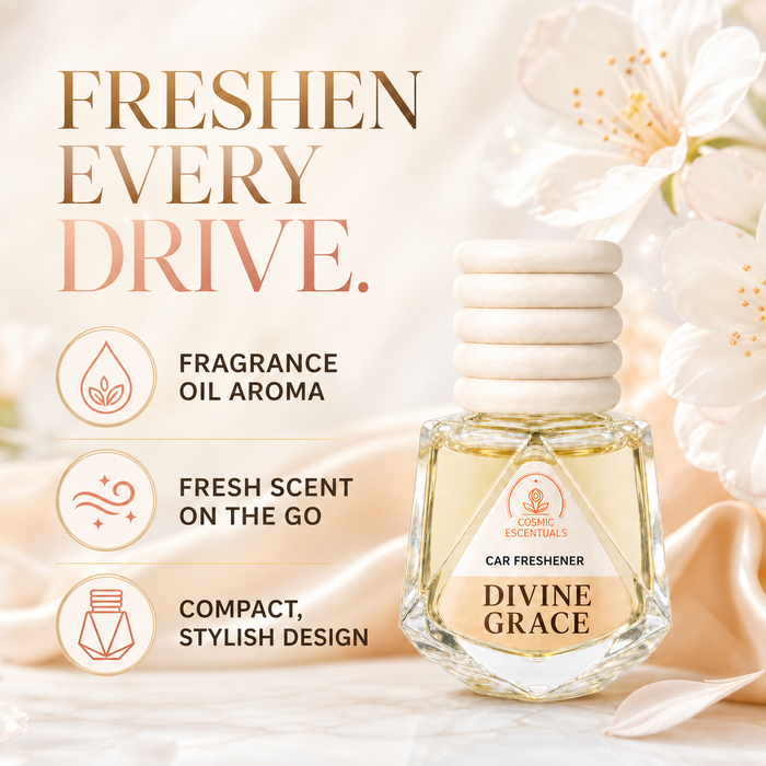 Divine Grace Car Freshener benefit graphic: fragrance oil aroma, fresh scent on the go, compact stylish design.