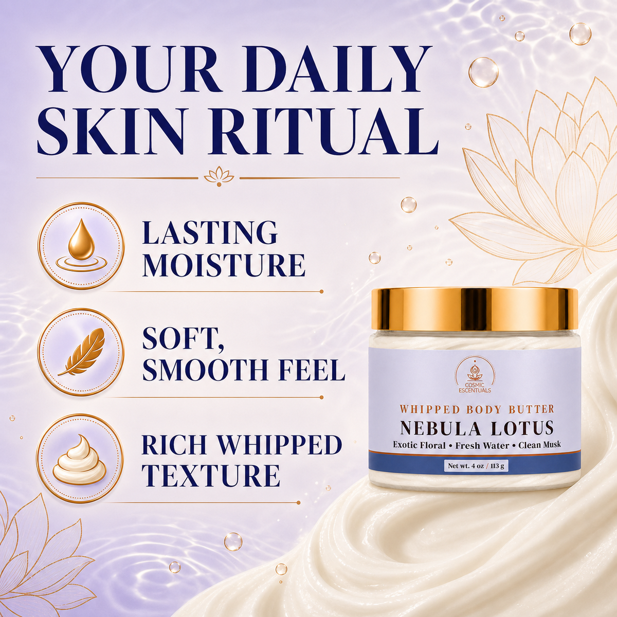 A skincare product advertisement for 'Nebula Lotus' whipped body butter. The image features a jar of the product on the right, set against a stylized background of white whipped cream with gold lotus illustrations.