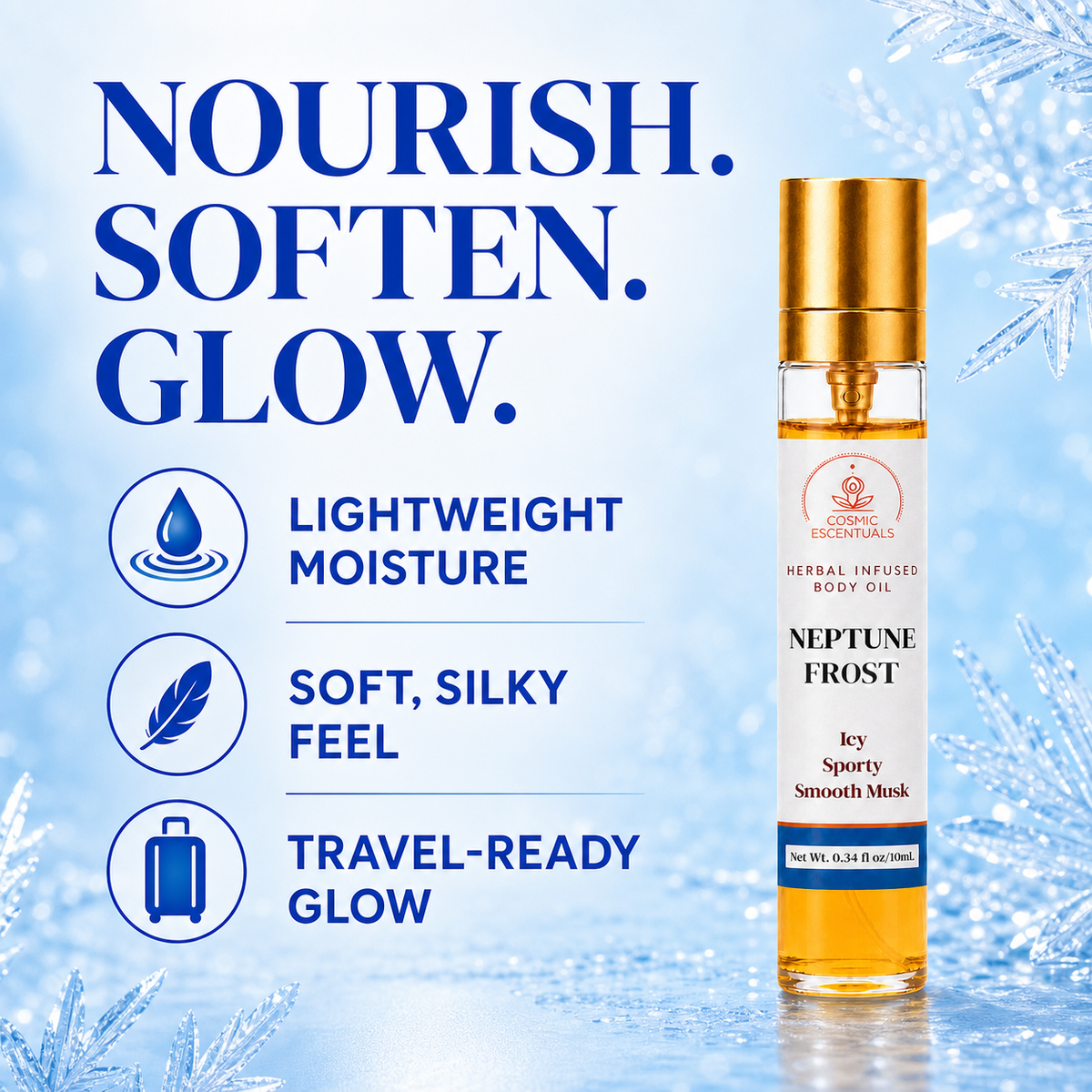 Benefits graphic for Neptune Frost Herbal Body Oil Spray on an icy blue background, reading Nourish. Soften. Glow, beside three points: lightweight moisture, soft silky feel, travel-ready glow.