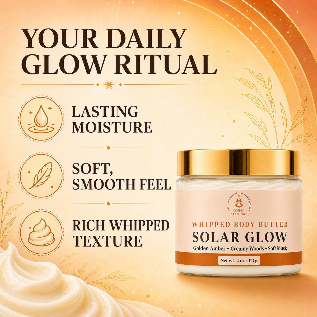 A jar of Whipped Body Butter Solar Glow whipped body butter shown on a warm beige promotional background with marketing text and icons about lasting moisture, soft smooth feel, and rich whipped texture.