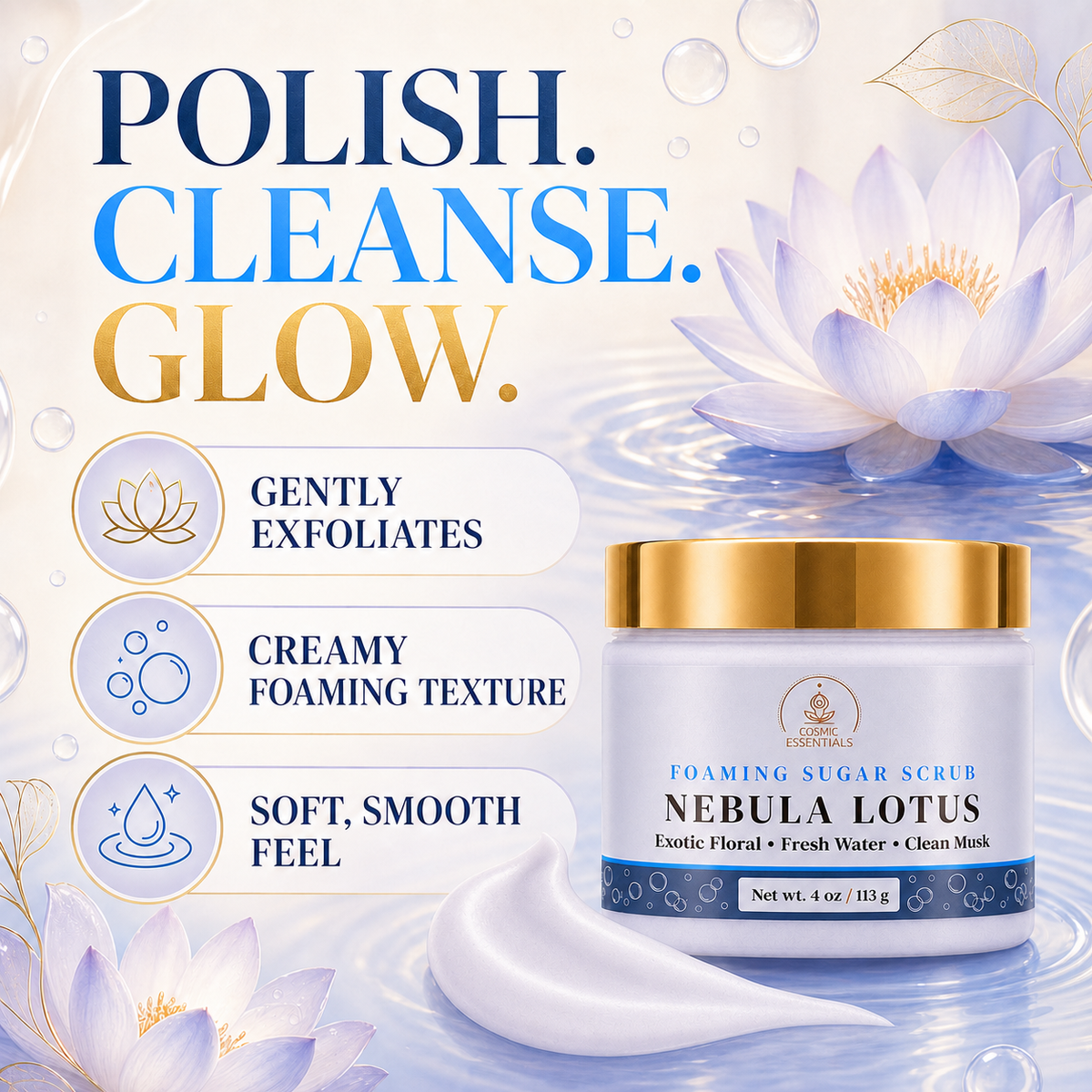 A jar of ENDEAVORS Exotic Floral Foaming Sugar Scrub labeled Nebula Lotus, set against a stylized water-themed background with lotus flowers and bubbles. The image includes marketing text highlighting gentle exfoliation, creamy foaming texture, and a soft smooth feel.