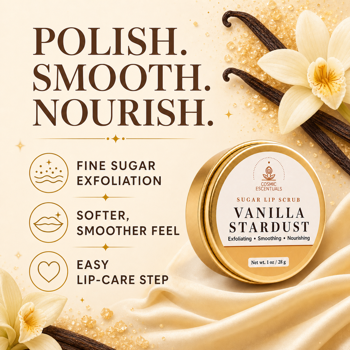 Benefits graphic for the Vanilla Stardust Sugar Lip Scrub with vanilla orchids and pods, reading Polish. Smooth. Nourish, beside three points: fine sugar exfoliation, softer smoother feel, easy lip-care step.