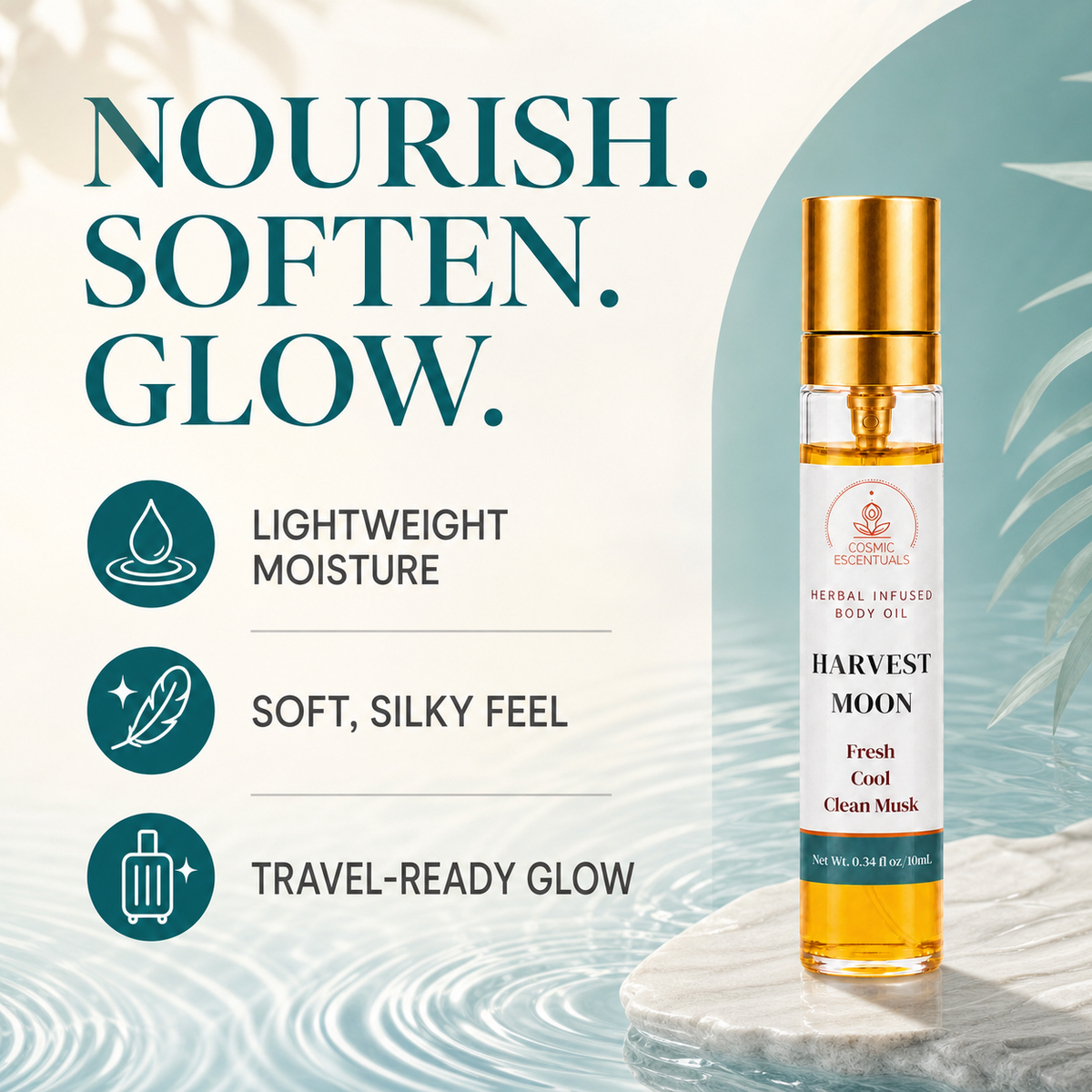 Benefits graphic for Harvest Moon Herbal Body Oil Spray on a teal water background, reading Nourish. Soften. Glow, beside three points: lightweight moisture, soft silky feel, travel-ready glow.